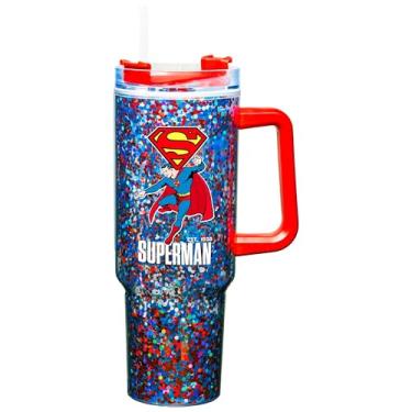 Imagem de Spoontiques Caneca de viagem de acrílico Superman 1,134 g com glitter - acrílico de parede dupla com trava deslizante tampa de viagem e canudo - 28 cm de altura