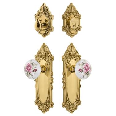 Imagem de Nostalgic Warehouse Conjunto de entrada vitoriana com puxador de porcelana rosa branca em latão polido - 2 3/8" Backset-Universal Handing