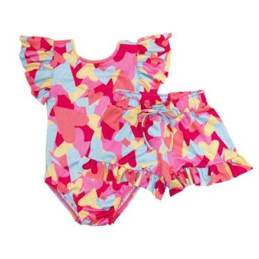 Imagem de Kit Maiô E Shorts Infantil Menina Proteção Uv Praia Piscina - Fofotinh