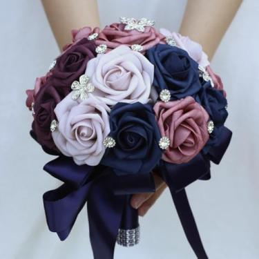 Imagem de SuiHyung Buquê de flores artificiais de 20 cm (7,9 polegadas), buquê de flores de simulação de rosa PE, buquê de mão de dama de honra de casamento (azul marinho e roxo)