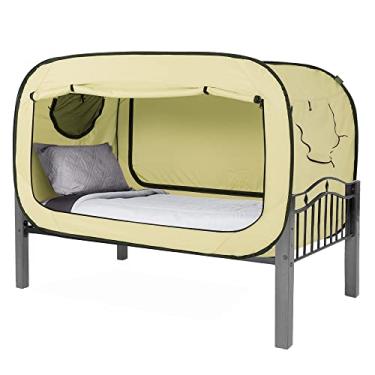 Imagem de Barraca de privacidade pop-up para uso interno, dossel para cama de dormir, porta dupla com janela de malha mosquito (amarelo claro, solteiro)