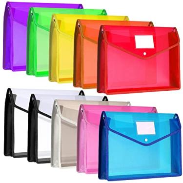 Imagem de 10 pastas de arquivo de plástico envelope expansível pasta organizadora de documentos com fecho de pressão e bolso B4 bolsa de arquivo transparente impermeável para escritório escolar (multicolorido,