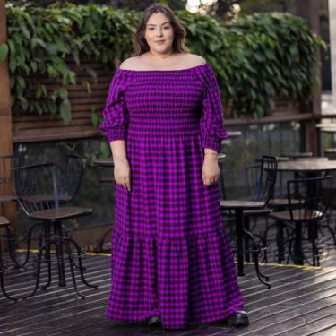 Imagem de Vestido Plus Size Longo Xadrez Rodado Com Babado Manga 3/4 Multiuso Fe