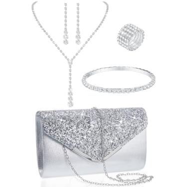 Imagem de Henoyso Conjunto de 5 peças de joias de strass para mulheres, acessórios de bolsa de mão de strass, joias de noiva, colar, brincos, pulseiras para casamento, festa de noivado, formatura, 9.4 x 5.5 x