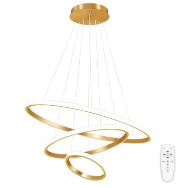Imagem de Luminária Pendente LED Moderna Dourada De 3 Anéis, Luminária De Teto Regulável Por Controle Remoto, Luminária Pendente De Embutir Redonda, 3000-6000K