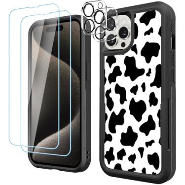 Imagem de LOQUPE [Capa 5 em 1 para iPhone 15 Pro, com 2 protetores de tela + 2 protetores de lente de câmera, capa protetora resistente e resistente, leve, fina à prova de choque para mulheres, estampa de vaca fofa