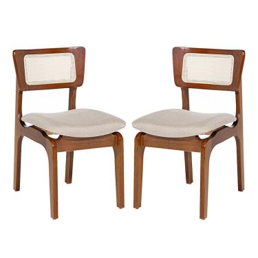 Imagem de Kit 2 Cadeiras de Jantar Portugal em Madeira Imbuia Encosto Tela Rattan Linho Bege M58