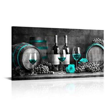 Imagem de Canvbay Arte de parede de cozinha azul-petróleo decoração copos de vinho impressões em tela preto e branco fruta uva rosa adega barril pintura para bar casa sala de estar quarto decoração moderna 50,8