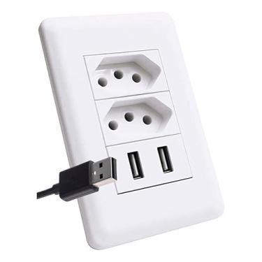Imagem de Tomada Com 2 Entradas Usb Parede 5v E 2 Entradas De 3 Pinos