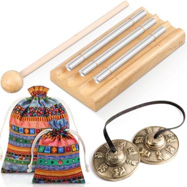 Imagem de Maasechs 2 conjuntos de instrumentos de meditação incluem pratos tibetanos Tingsha e sino de sino de três tons com baqueta bolsa de tecido tibetano com cordão para percussão, ioga, oração, professor,