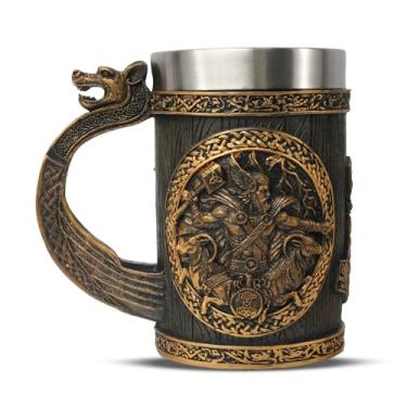 Imagem de Caneca original feita à mão de runas viking - Caneca de cerveja Thor Hammer Mjolnir de 590 ml - Copo Viking pesado de pirata celta medieval de aço inoxidável 304 - Novidade decoração de mitologia