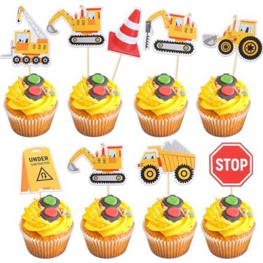 Imagem de Rsstarxi 40 Pack Construction Cupcake Toppers Stop Sign Dump Truck Excavator Tractor Cupcake Toothpicks Construction Birthday Cake Decorations for Construction Theme Baby Shower Birthday Party Decors