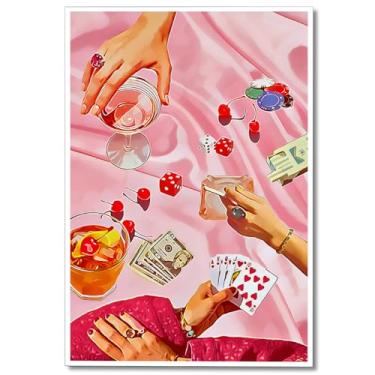 Imagem de Arte de parede em tela de pôquer rosa vintage fofo engraçado coquetel cassino fichas pôster divertido bebidas alcoólicas cereja bar carrinho decoração de parede para dormitório bar festa cozinha