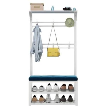 Imagem de Cabideiro industrial com banco de sapatos e 8 ocos 4 em 1 árvore de corredor livre com banco e ganchos esculpidos no topo, suporte para corredor e sala de estar