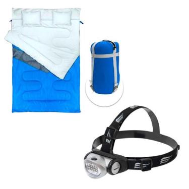 Imagem de Kit Saco Dormir Kuple Casal Com Travesseiro + Lanterna de Cabeça Turbo