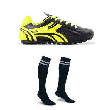 Imagem de Kit Chuteira Couro Legitimo Preto Amarelo Limão Campo Society Meião - 