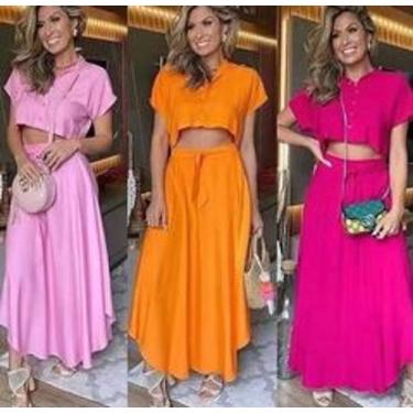 Imagem de Conjunto Feminino Dandara Cropped e Saia Longa Gode Cinto - Fabrica St