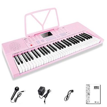 Imagem de Vangoa VGK610 - Teclado de piano portátil de 61 teclas mini teclado de música para iniciantes com microfone, 3 modos de ensino, 350 tons, 350 ritmos, 30 demos, rosa