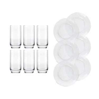 Imagem de Kit 6 pratos vidro astral fundo + 6 copos lights elegante 410ml - PRAT