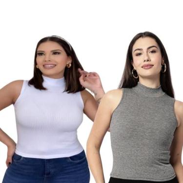 Imagem de Kit 02 Blusa Feminina Regata Gola Alta Malha Canelada - RS, Unico, Bra