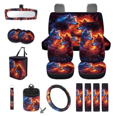 Imagem de Wanyint Wolf Galaxy Conjunto de 15 capas de assento de carro com capa de volante, capa de cinto de segurança, latas de lixo, bolsa de ventilação de ar, capa de espelho retrovisor, porta-copos para