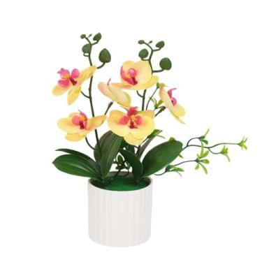 Imagem de XIZHI Orquídea artificial em vaso 28,4 cm de toque real, borboleta, orquídea em vaso, flores falsas Phalaenopsis, decoração de vaso para mesa, mesa central, decoração de festa de casamento (laranja)