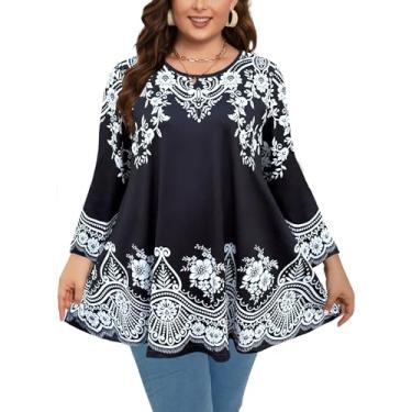 Imagem de splensive Túnica feminina, manga 3/4, plus size, gola redonda, rodada, folgada, para usar com leggings, Túnicas plus size, preto e branco, 4G