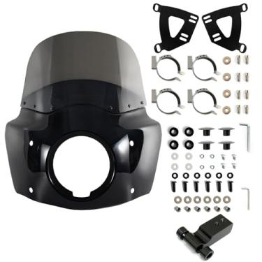Imagem de FATECIM Capa de Carenagem de Farol de Motocicleta de 5,75" com Para-Brisa Fumê de 11" E Kit de Montagem de 48-58 Mm Bloco de Extensão de Farol para Harley 2018 2019 2020 2021 2022 Softail Fxbb Street