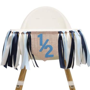 Imagem de Banner de cadeira alta de meio aniversário - decorações de aniversário de 1/2, faixa intermediária, suporte de cadeira alta de 1/2 para festa de 6 meses (azul)