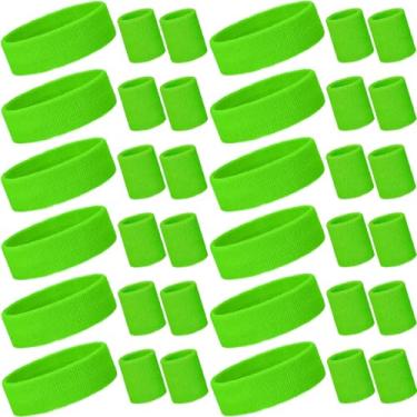 Imagem de Bememo Conjunto de 36 peças de faixas de suor neon para crianças, conjunto de pulseiras esportivas a granel algodão felpudo basquete tênis para estudantes jovens anos 80 anos 90 fantasias de Halloween