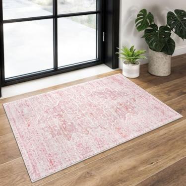 Imagem de KUTA Tapete de entrada vintage – Tapete de entrada interno rosa lavável 5 x 7 cm, antiderrapante, ultramacio, com estampa floral oriental, tapete com destaque para entrada e quarto de bebê