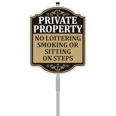 Imagem de Placa Private Property No Loitering Smoking Or Sitting On Steps 30,5 cm x 25,4 cm com estacas de metal de 89 cm de comprimento, sem invasão, solicitação de vigilância por vídeo com suporte, alumínio