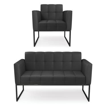 Imagem de Kit 1 Sofá Namoradeira E 1 Poltrona Elisa Corino Base Metálica Industrial Preto - D'rossi Cor Preto