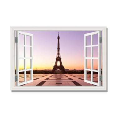 Imagem de Janela de arte de parede com impressão em tela. Vista de janela falsa. Impressão de imagem natural em tela. Arte de cenário para decoração de sala de estar. (Vista da Torre Eiffel de Paris 08). 60 x