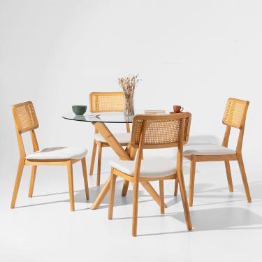 Imagem de Conjunto Mesa de Jantar Thai Redonda Vidro Incolor - 1,10m + 4 Cadeiras Lalá Encosto Palha Creme Assento Plot Cru