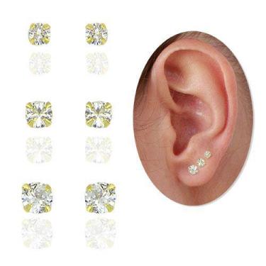 Imagem de kit com 3 brincos solitários folheados a ouro c/ zircônia - Dona Semij