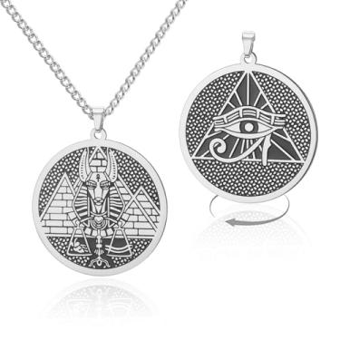 Imagem de VASSAGO Colar de mitologia egípcia, aço inoxidável, olho de horus, pingente de pirâmide, medalhão, amuleto, proteção, joias egípcias para homens e mulheres, Adjustable, Aço inoxidável, Sem Pedra