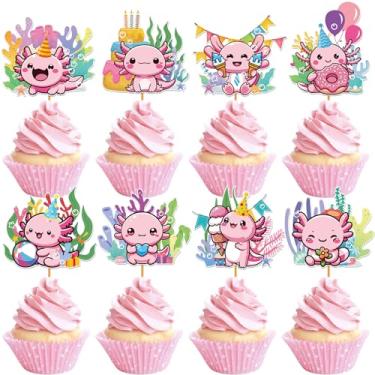 Imagem de Hokinaa Axolotl Birthday Cupcake Toppers - 24 Pcs Pink Cute Axolotl Theme Decorations Set, Cartoon Reptile Animals Cup Cake Topper, Happy Birthday Party Decor Photo Background Supplies for Girls Kids