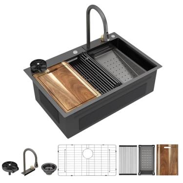 Imagem de Fulorni 84 cm x 48 cm Drop In Waterfall Kitchen Sink Workstation - Preto Gunmetal NANO-PVD, aço inoxidável 304, calibre 16, pia de cascata inteligente com combinação de torneira e enxágue de vidro