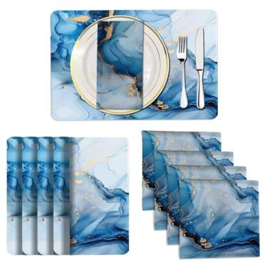 Imagem de Mcalk Conjunto de 8 jogos americanos e guardanapos de pano de mármore azul, jogo americano de arte moderna, guardanapo de pano com estampa de mármore para decoração de cozinha em casa (jogo americano