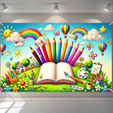 Imagem de BlissYard Faixa de volta às aulas 188 x 109 cm, material escolar de poliéster, decoração com lápis de arco-íris, giz de cera, pincéis de pintura, balões para sala de aula e decoração de quarto de