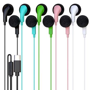 Imagem de Pacote com 5 fones de ouvido com fio, USB-C, intra-auricular, microfone, compatível com telefone, tablet, laptop, PC para escola, aula online, reunião, conferência na web, teste, mistura