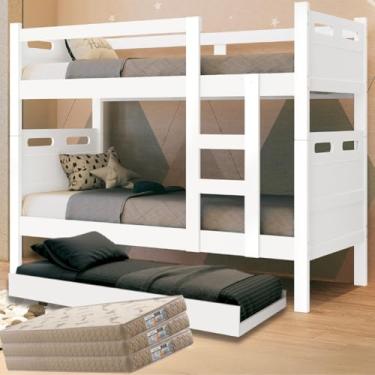 Imagem de Treliche Com Colchões D33, Reforçada, Beliche Barreto com Cama Auxiliar, 3 Colchões D33 Premium, Multifuncional, 3 Camas (Branco)