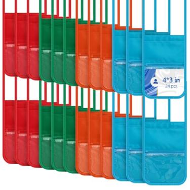 Imagem de Fullhawl 24 porta-crachás de nome de carteira de pescoço com cordões horizontais transparentes porta-crachás bolsa de pescoço com 3 bolsos fecho de separação para grupo de viagem VBS 2025 (10 x 8 cm)