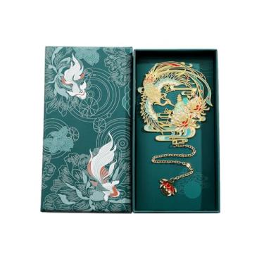 Imagem de Marcador de livro chinês "Clássico das montanhas e mares" das bestas divinas – Este marcador apresenta carpa koi, fênix, raposa de nove caudas, dragão e veado em cores vibrantes para boa sorte (caixa
