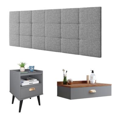 Imagem de Kit Quarto Penteadeira Suspensa Gloss Mesinha Lateral Estilo Cinza|Freijó Cabeceira Cama Box Casal Bia 1.40 Cinza Linho - RPM Móveis