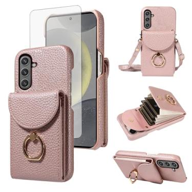 Imagem de Furiet Capa carteira de órgão para Samsung Galaxy S25 5G com protetor de tela de vidro temperado anel fivela alça de ombro, suporte de cartão de couro PU para S 25 25S 25 25S SM-S931U ouro rosa