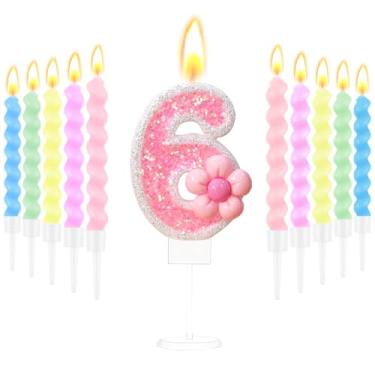 Imagem de Velas de aniversário para bolo com glitter rosa número 6 velas de bolo com 10 velas espirais para meninas de 6 anos, decoração de aniversário, suprimentos de festa de aniversário, tema doce