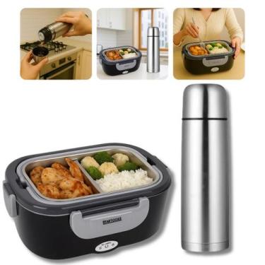 Imagem de Kit Marmita Térmica Elétrica Bivolt e Garrafa Água 750ml Inox Trabalho