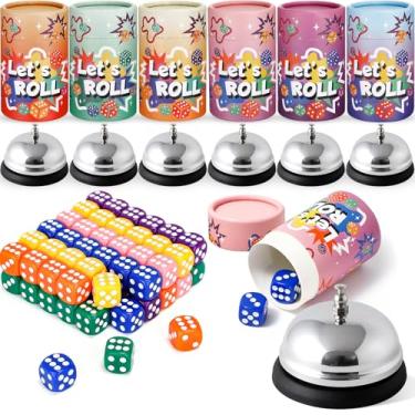 Imagem de RoundFunny 6 Sets Bunco Game Party Kit for Ladies Night Family Board Game Supplies Include 72 Colorful Dice, 6 Bells, 6 Dice Cups Bunco Gift for up to 6 Groups of 2-12 Players